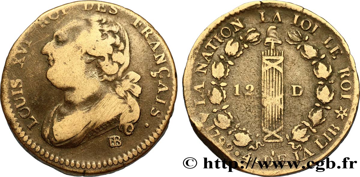 LOUIS XVI (MONARQUE CONSTITUTIONNEL)  12 deniers dit &nbsp;au faisceau&nbsp;, type FRANÇAIS 1792 Strasbourg TB