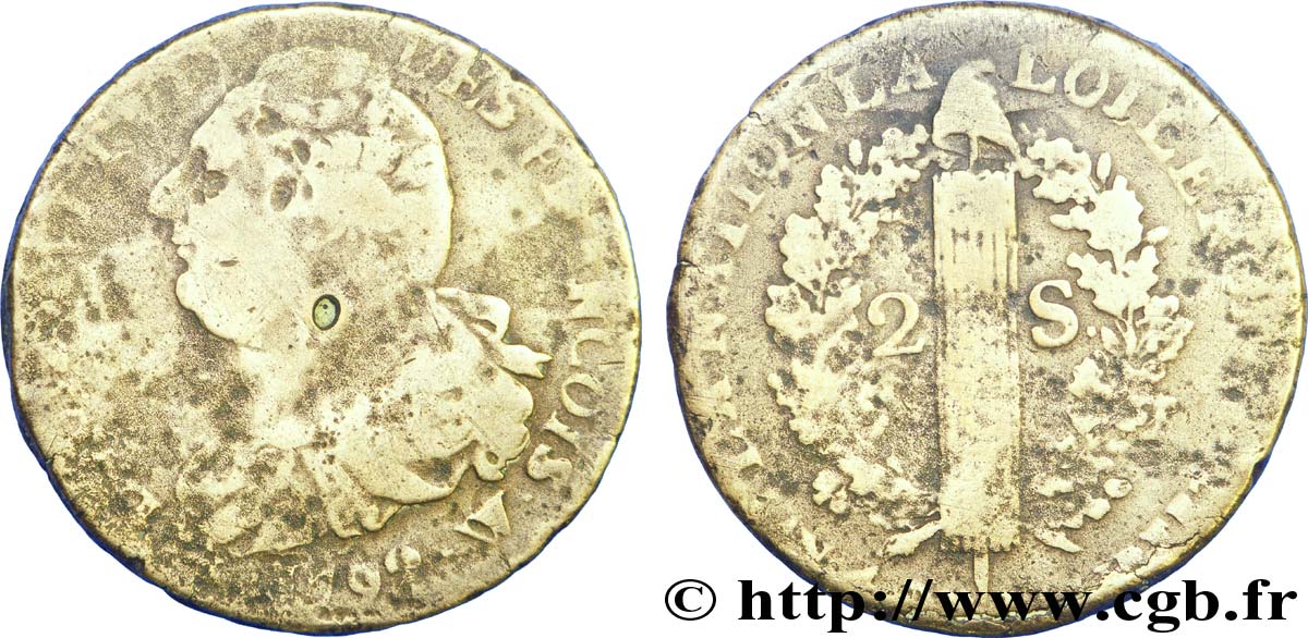 LOUIS XVI (MONARQUE CONSTITUTIONNEL)  2 sols dit  au faisceau , type FRANÇOIS 1792 Lille AB