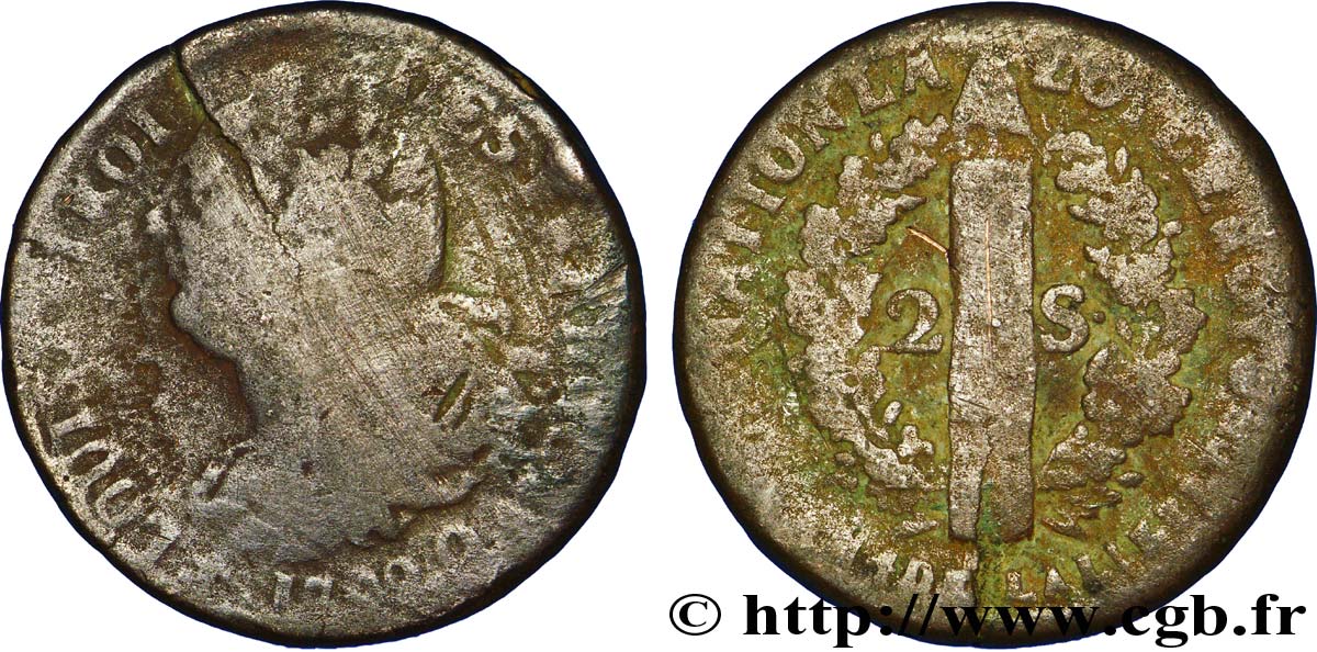 LOUIS XVI (MONARQUE CONSTITUTIONNEL)  2 sols dit  au faisceau , type FRANÇOIS 1792 Perpignan B