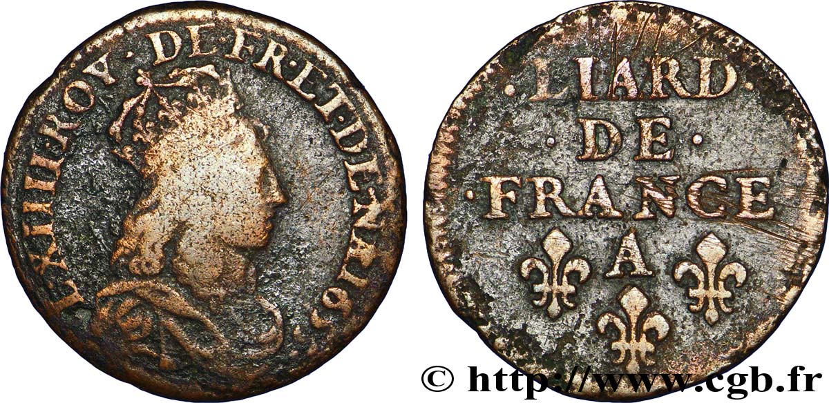 LOUIS XIV LE GRAND OU LE ROI SOLEIL Liard de cuivre, 2e type 1655 Corbeil B