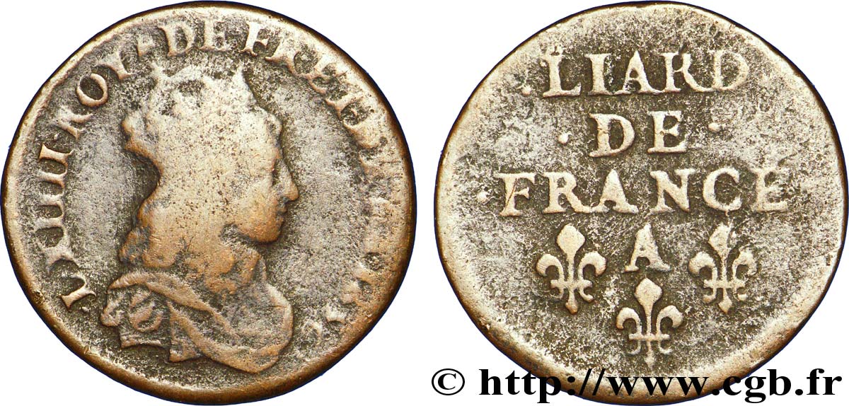 LOUIS XIV LE GRAND OU LE ROI SOLEIL Liard de cuivre 1656 Corbeil B