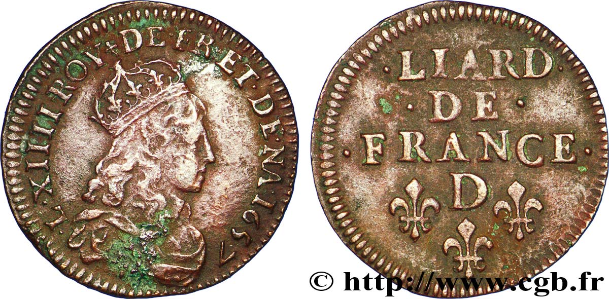 LOUIS XIV  THE SUN KING  Liard de cuivre, 2e type 1657 Vimy-en-Lyonnais (actuellement Neuville-sur-Saône) XF