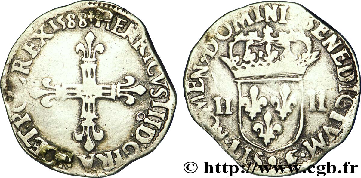 HENRY III Quart d écu, croix de face 1588 Rennes q.BB
