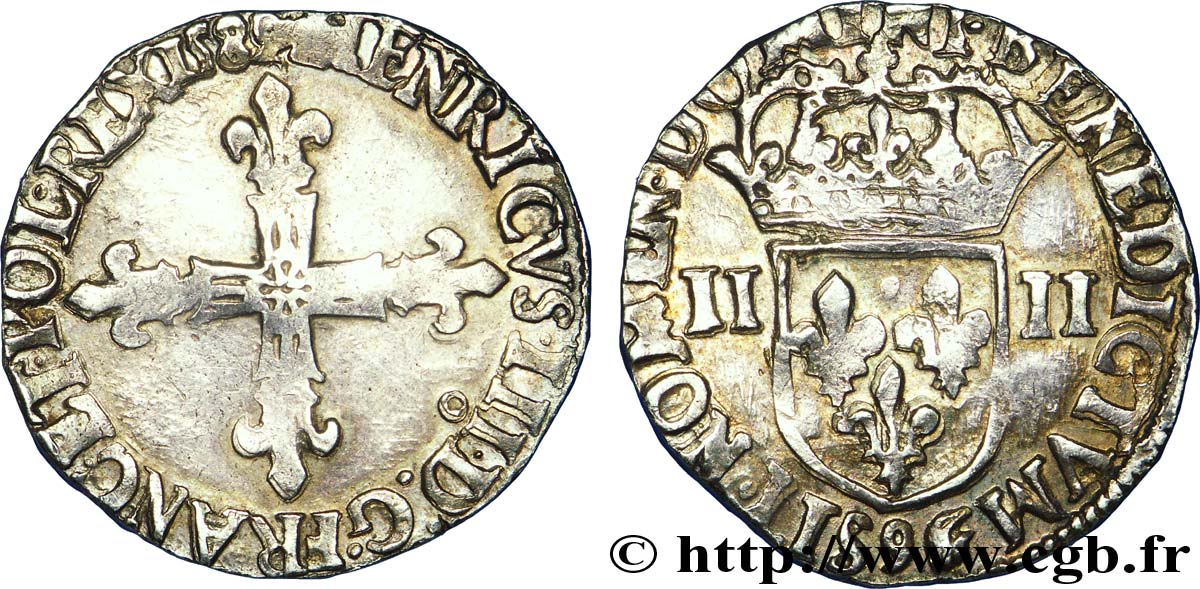 HENRI III Quart d écu, croix de face 1589 Rennes TB+