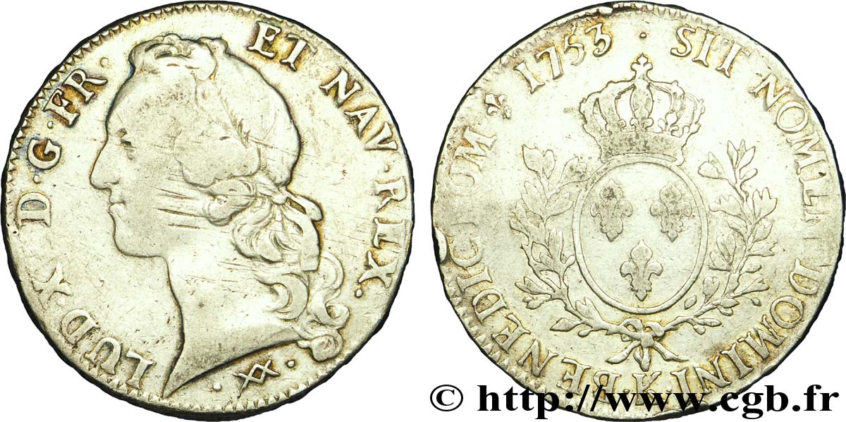 LOUIS XV  THE WELL-BELOVED  Écu aux branches d’olivier, tête ceinte d’un bandeau 1753 Bordeaux VF/VF
