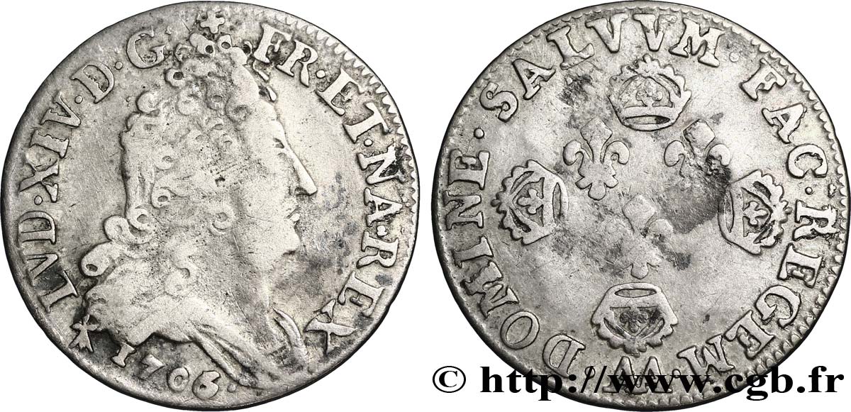 LOUIS XIV LE GRAND OU LE ROI SOLEIL Dix sols aux quatre couronnes 1706 Metz TB