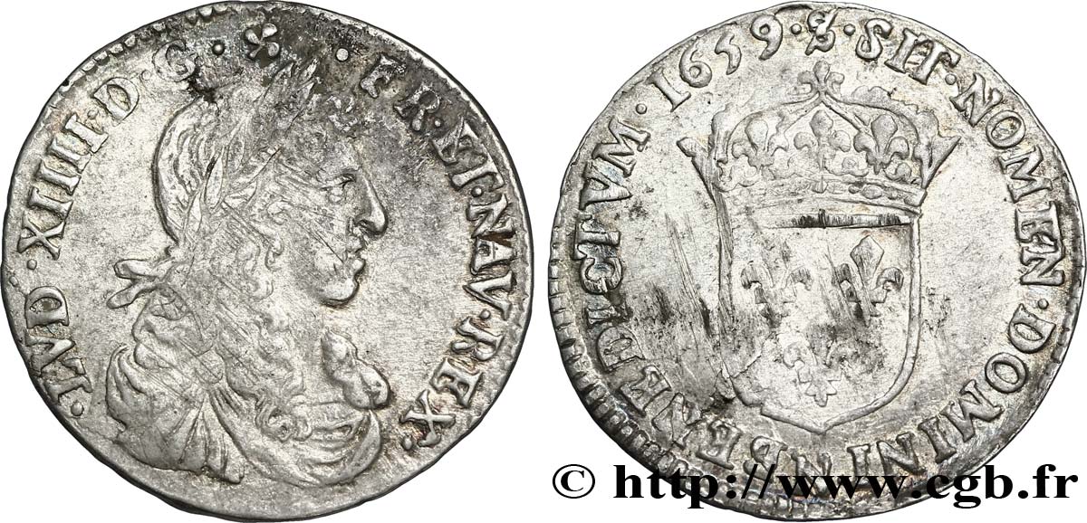 LOUIS XIV LE GRAND OU LE ROI SOLEIL Douzième d&nbsp;écu, portrait apollinien 1659 Montpellier TB+