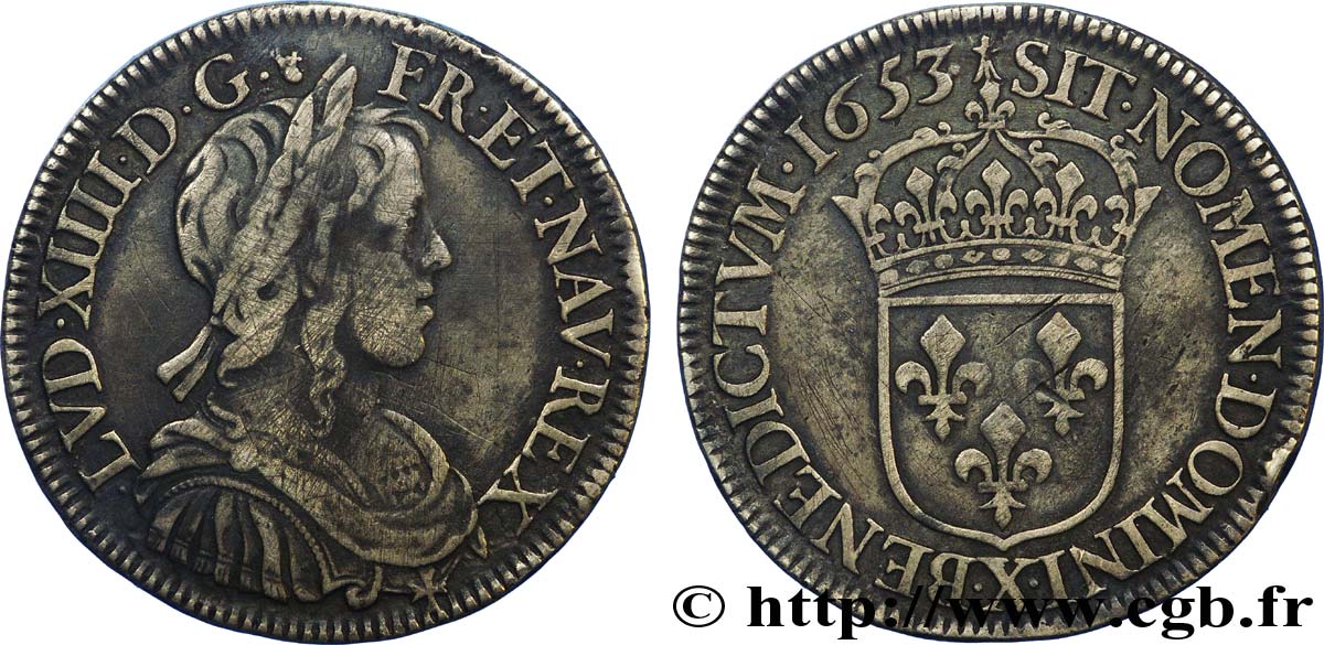 LOUIS XIV  THE SUN KING  Demi-écu, portrait à la mèche longue 1653 Amiens XF