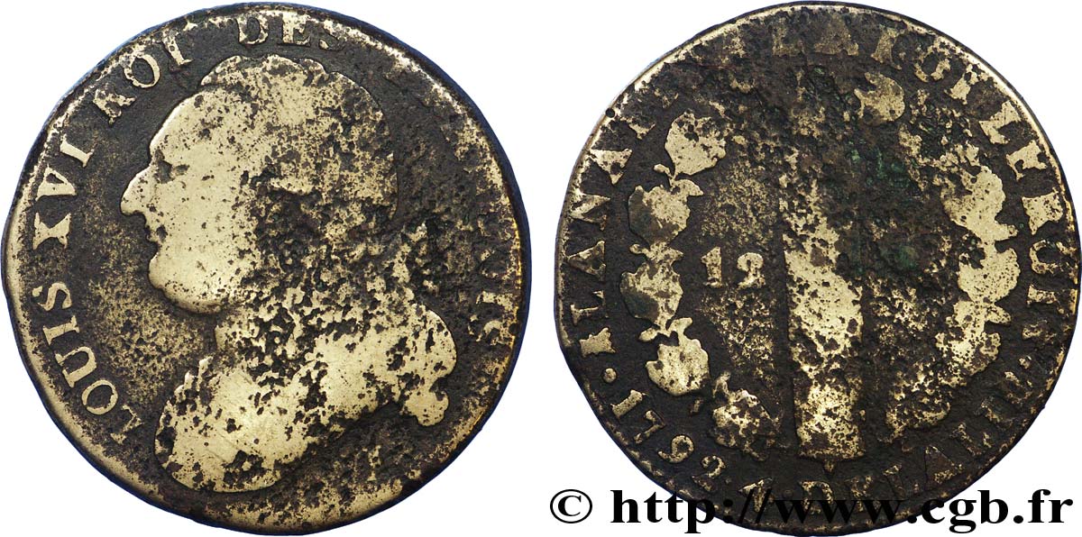 LOUIS XVI 12 deniers dit  au faisceau , type FRANCOIS 1792 Limoges q.B