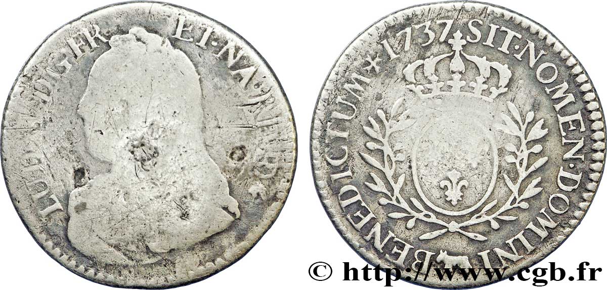 LOUIS XV DIT LE BIEN AIMÉ Cinquième d&nbsp;écu aux branches d&nbsp;olivier, buste habillé 1737 Pau B+/TB+