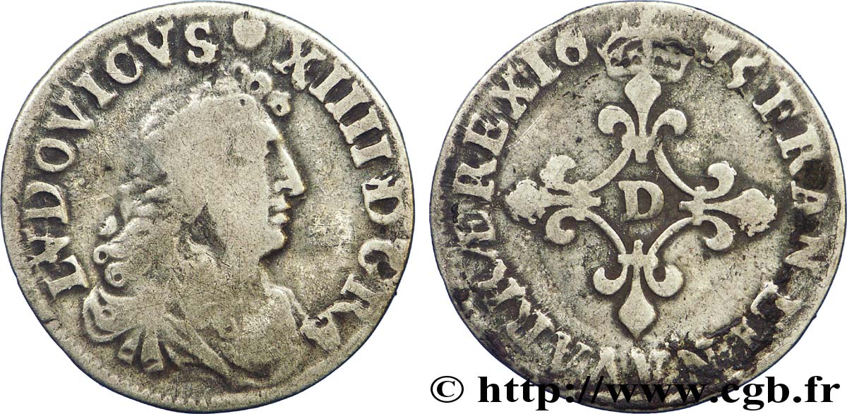 LOUIS XIV LE GRAND OU LE ROI SOLEIL Quatre sols à la croix formée de lis 1675 Vimy-en-Lyonnais (actuellement Neuville-sur-Saône) TB