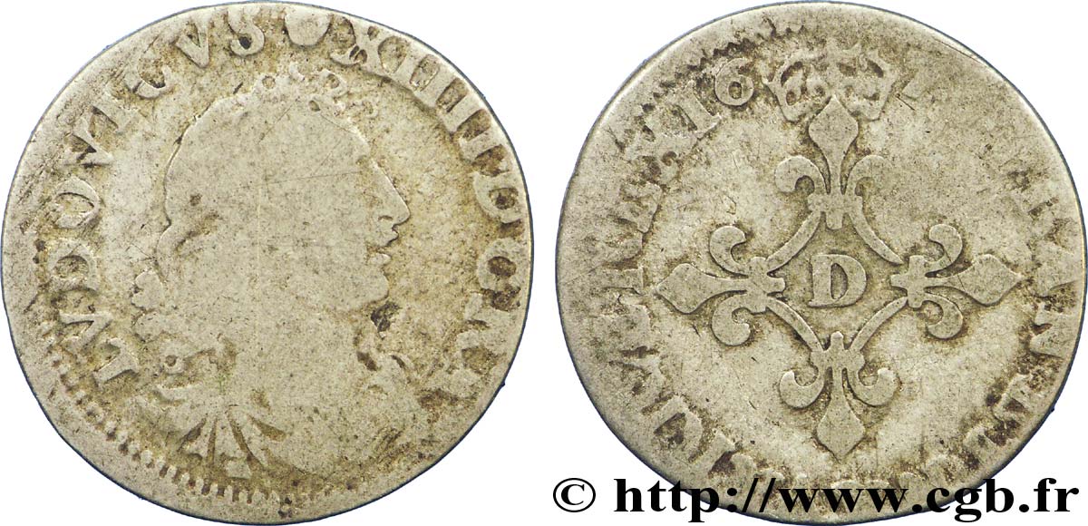 LOUIS XIV LE GRAND OU LE ROI SOLEIL Quatre sols à la croix formée de lis 1676 Vimy-en-Lyonnais (actuellement Neuville-sur-Saône) B/TB
