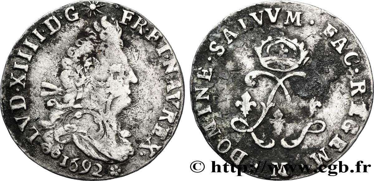 LOUIS XIV LE GRAND OU LE ROI SOLEIL Quatre sols aux deux L 1692 Toulouse TB