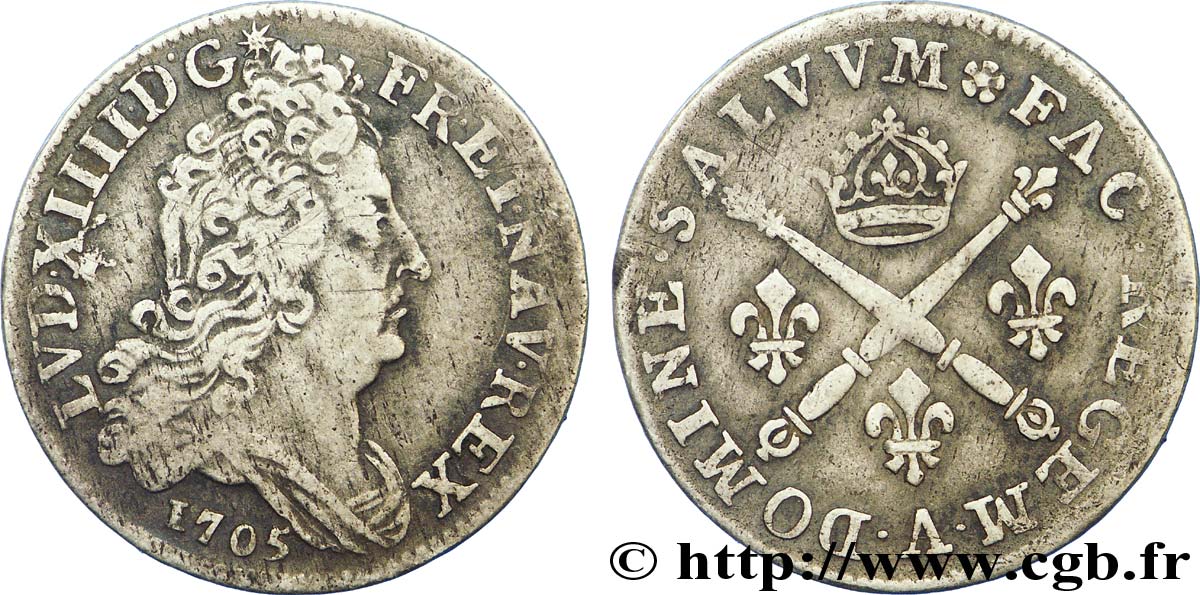 LOUIS XIV  THE SUN KING  10 sols aux insignes 1705 Paris BC+/MBC