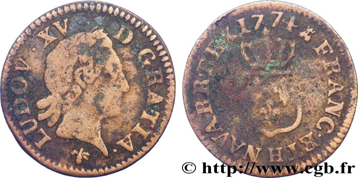 LOUIS XV DIT LE BIEN AIMÉ Liard dit &nbsp;à la vieille tête&nbsp; 1774 La Rochelle TB/B