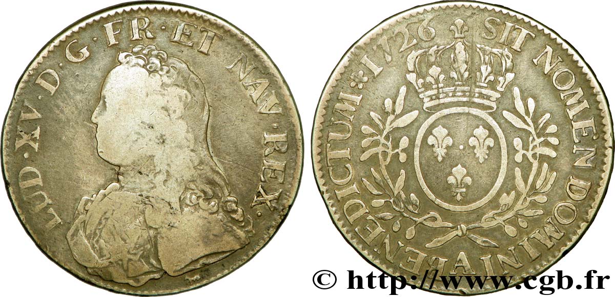 LOUIS XV DIT LE BIEN AIMÉ Écu aux branches d&nbsp;olivier, buste habillé 1726 Paris B+