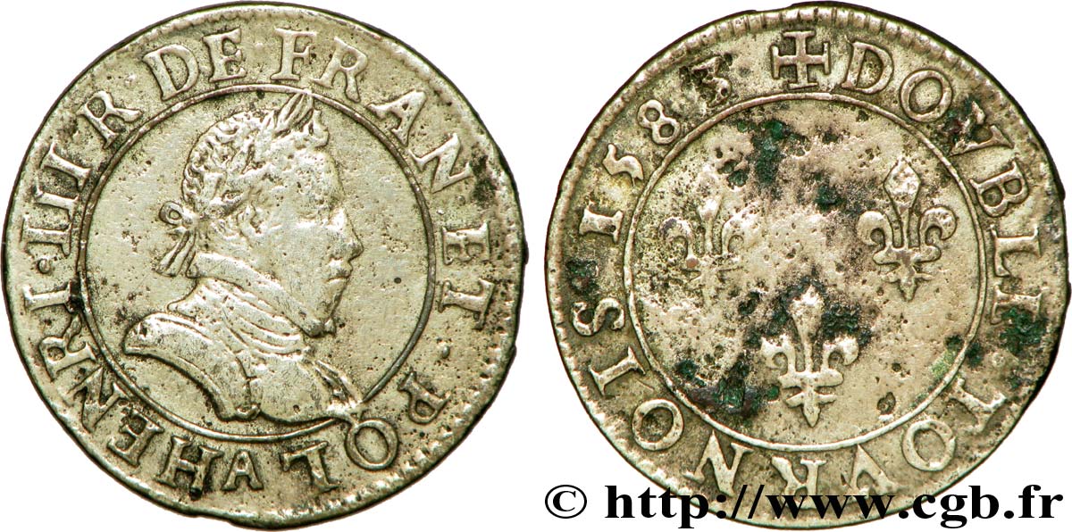 HENRI III Double tournois, 1er type de Paris 1583 Paris, Moulin des Étuves TTB/TB+