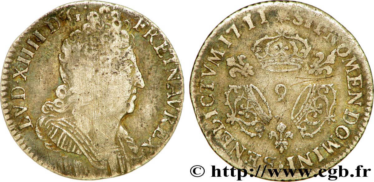 LOUIS XIV  THE SUN KING  Dixième d écu aux trois couronnes 1711 Rennes BC/BC+