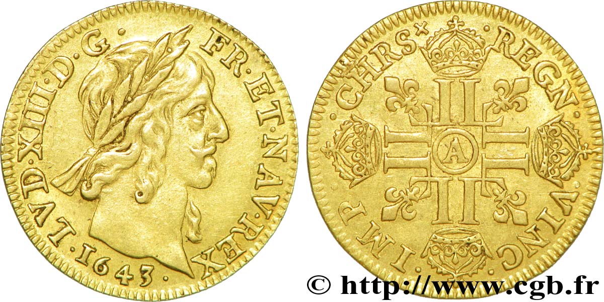 LOUIS XIII LE JUSTE Louis d or aux huit L (effigie de Jean Warin) 1643 Paris TTB+/SUP