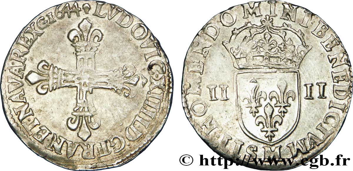 LOUIS XIV LE GRAND OU LE ROI SOLEIL Quart d&nbsp;écu, titulature côté croix 1644 Toulouse TTB/TTB+