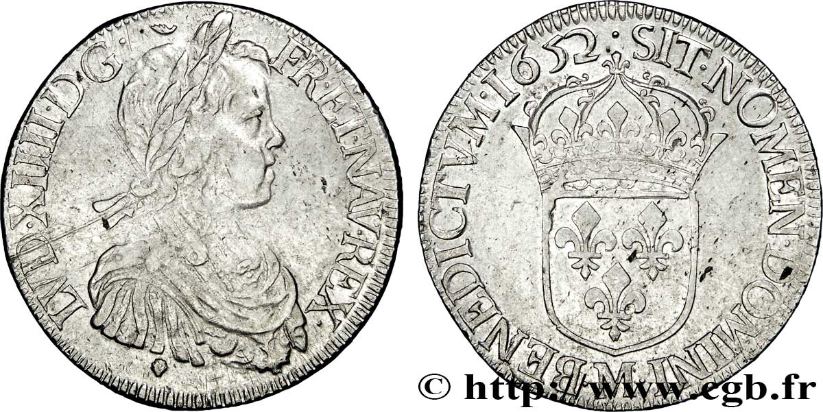 LOUIS XIV  THE SUN KING  Écu, portrait à la mèche longue 1652 Toulouse MBC+