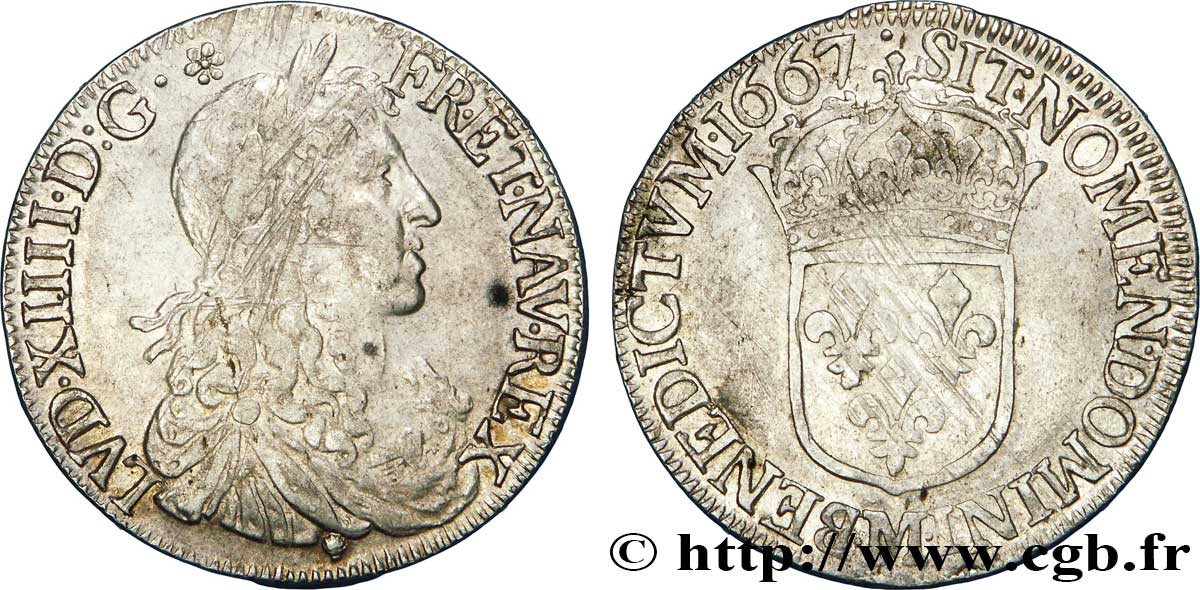 LOUIS XIV LE GRAND OU LE ROI SOLEIL Demi-écu, portrait apollinien 1667 Toulouse TTB