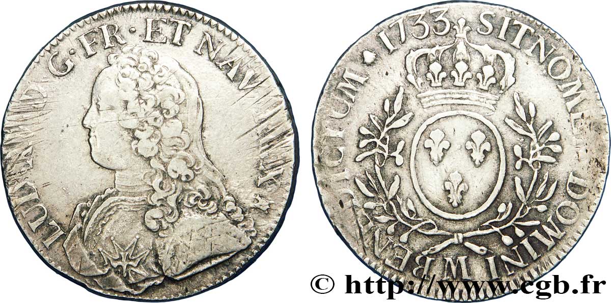 LOUIS XV DIT LE BIEN AIMÉ Écu aux branches d&nbsp;olivier, buste habillé 1733 Toulouse TTB