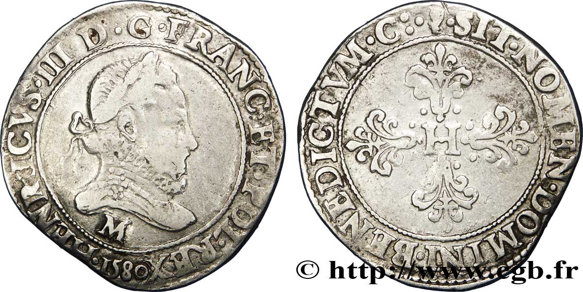 HENRI III Franc au col fraisé 1580 Toulouse TB+/TTB