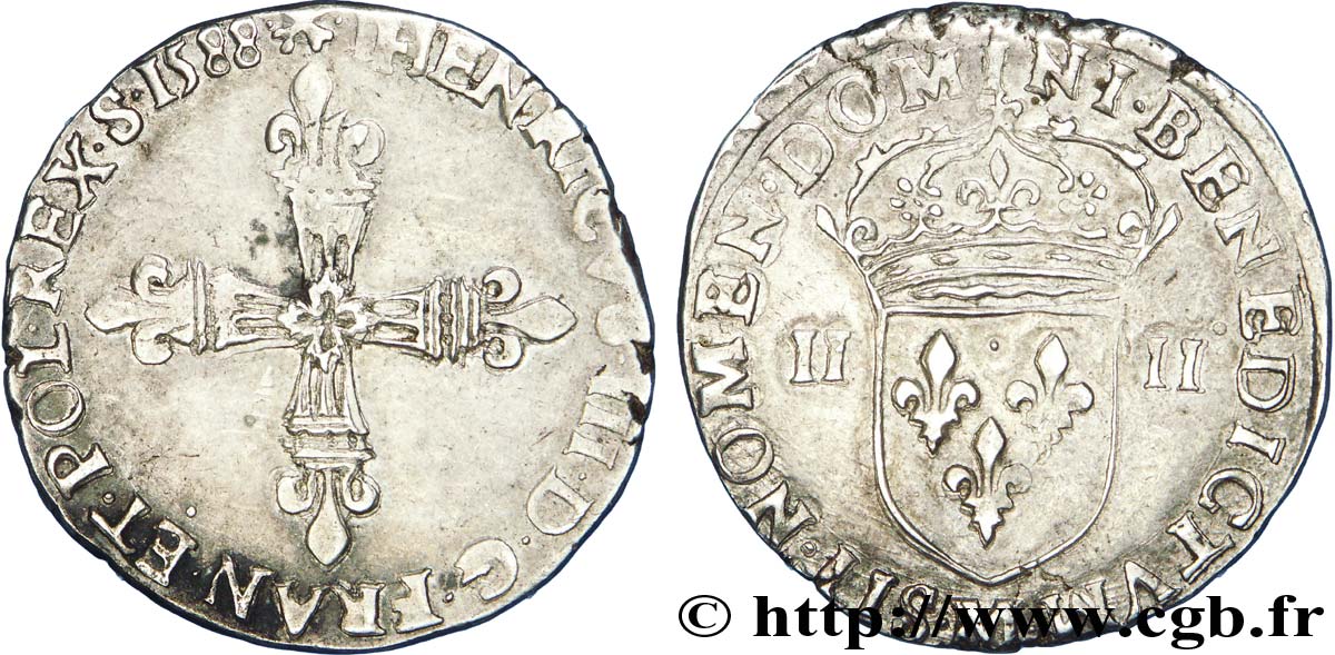 HENRY III Quart d écu, croix de face 1588 Toulouse XF