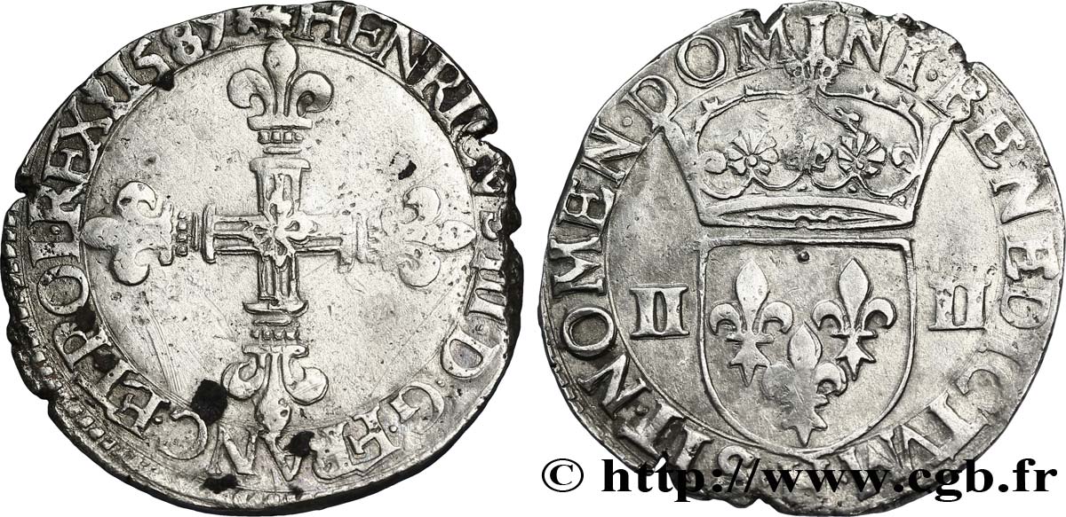 HENRY III Quart d écu, croix de face 1587 La Rochelle XF