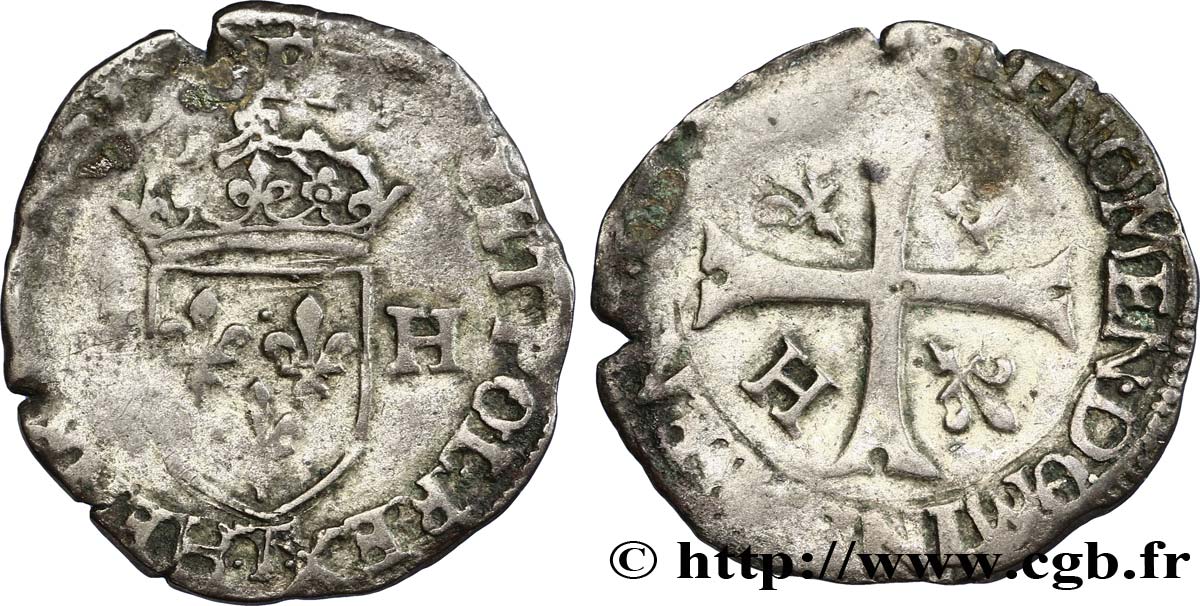 HENRI III Douzain aux deux H, 2e type 1577 Nantes TB+
