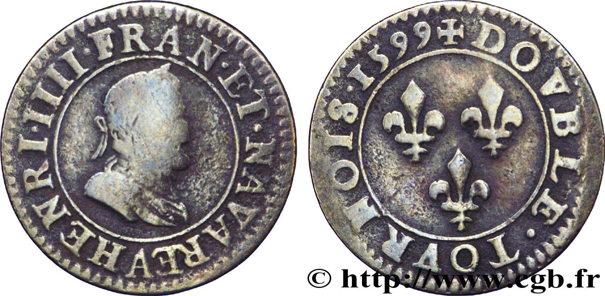 HENRI IV LE GRAND Double tournois, légende latine 1599 Paris, Moulin des Étuves TB