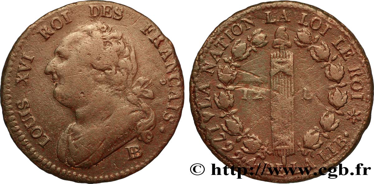 LOUIS XVI (MONARQUE CONSTITUTIONNEL)  12 deniers dit &nbsp;au faisceau&nbsp;, type FRANÇAIS 1792 Strasbourg TB+
