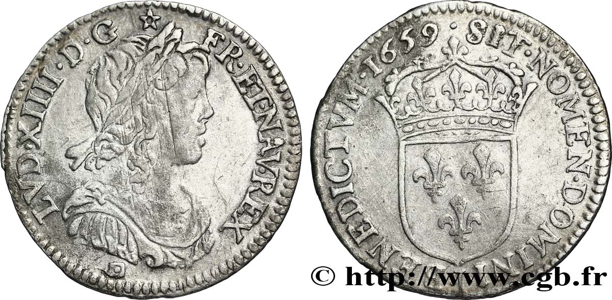 LOUIS XIV  THE SUN KING  Douzième d écu, portrait à la mèche longue 1659 Limoges VF