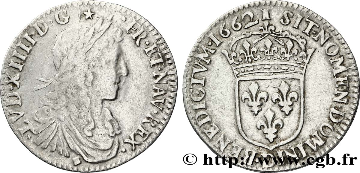 LOUIS XIV  THE SUN KING  Douzième d écu, portrait apollinien 1662 Lyon VF/XF