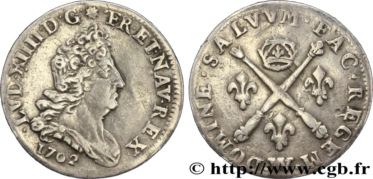 LOUIS XIV  THE SUN KING  Cinq sols aux insignes 1702 Lille BC+