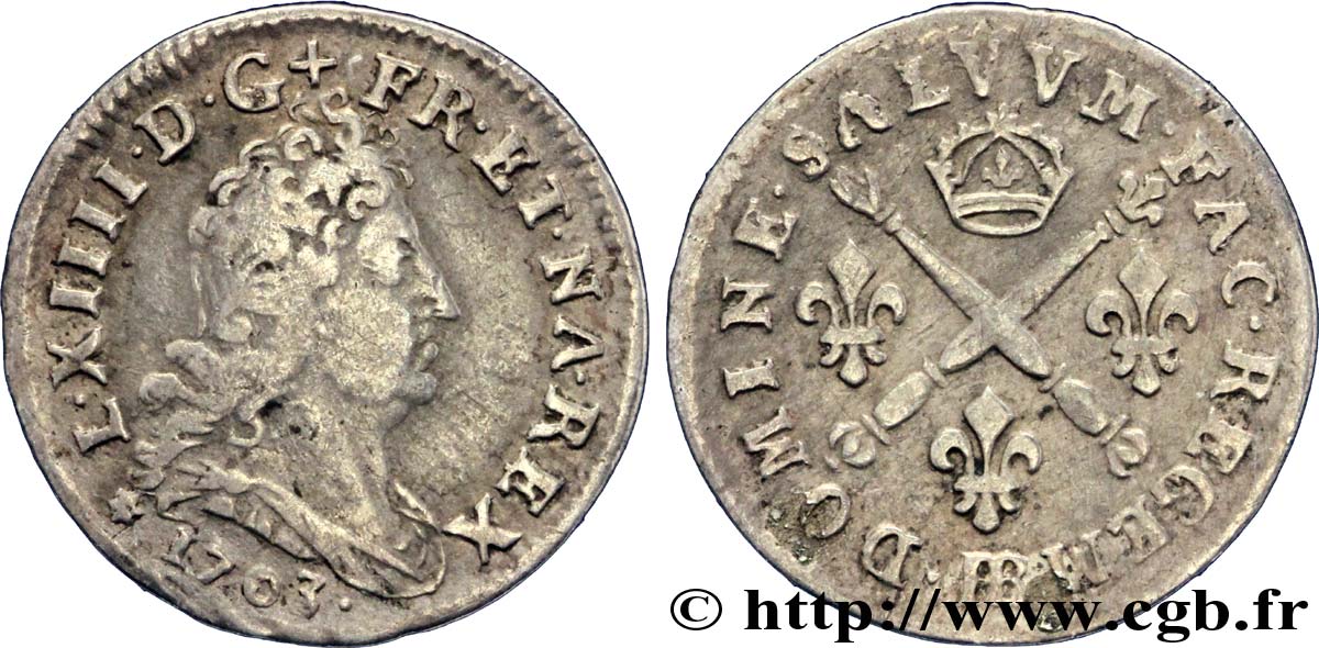 LOUIS XIV LE GRAND OU LE ROI SOLEIL Cinq sols aux insignes 1703 Strasbourg TB