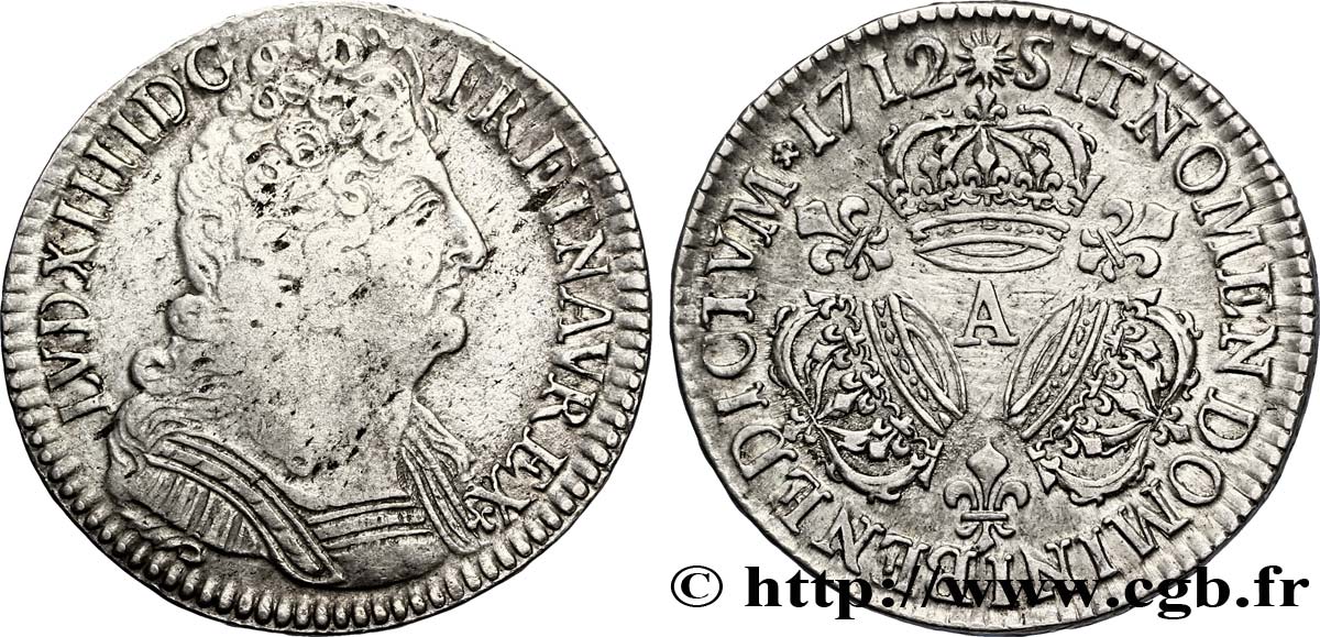 LOUIS XIV  THE SUN KING  Demi-écu aux trois couronnes 1712 Paris VF/XF