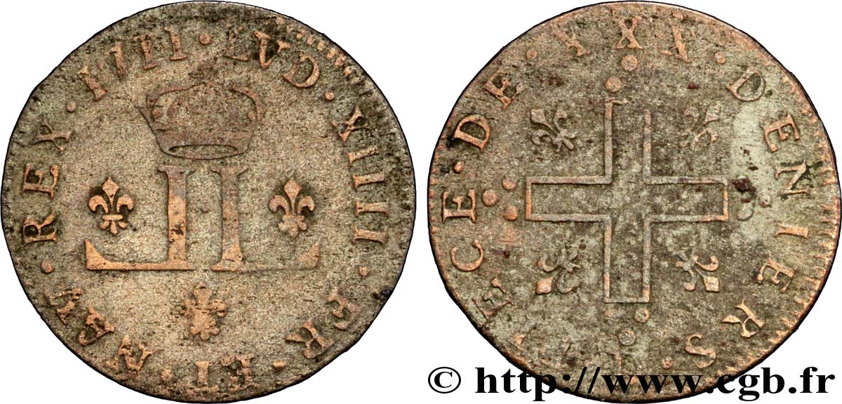 LOUIS XIV LE GRAND OU LE ROI SOLEIL XXX deniers aux 2 L couronnés 1711 Lyon TB+