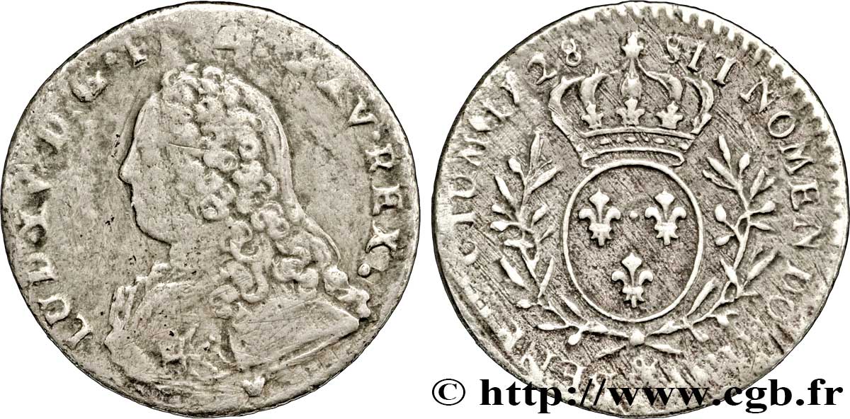 LOUIS XV DIT LE BIEN AIMÉ Dixième d’écu aux branches d’olivier, buste habillé 1728 Aix-en-Provence TB+/TTB
