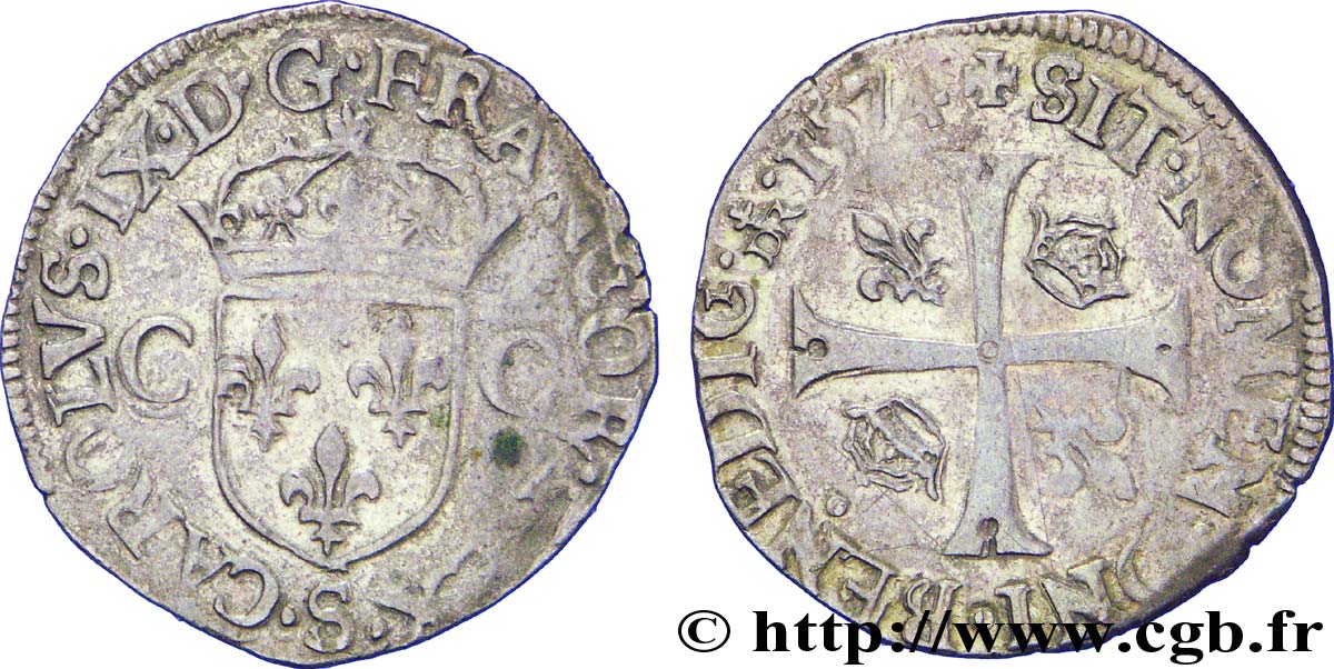 CHARLES IX Douzain aux deux C, 1er type 1574 Troyes TTB