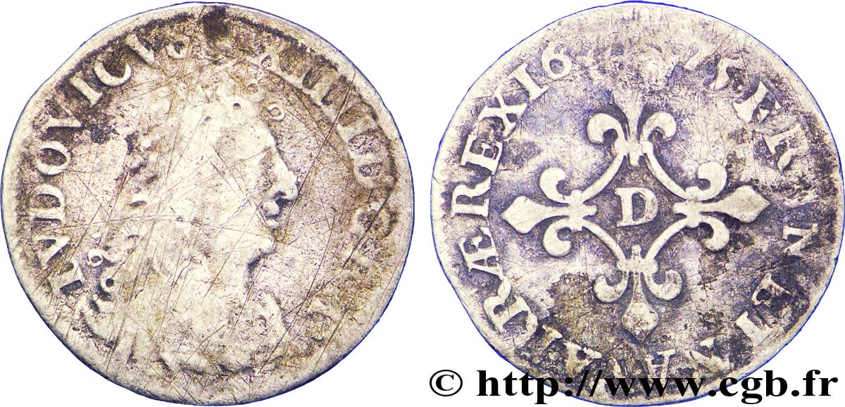 LOUIS XIV LE GRAND OU LE ROI SOLEIL Quatre sols à la croix formée de lis 1675 Vimy-en-Lyonnais (actuellement Neuville-sur-Saône) B+