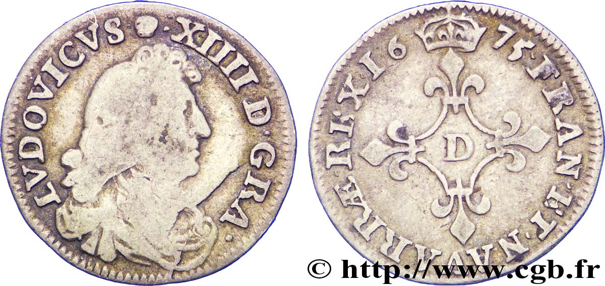 LOUIS XIV LE GRAND OU LE ROI SOLEIL Quatre sols à la croix formée de lis 1675 Vimy-en-Lyonnais (actuellement Neuville-sur-Saône) B+
