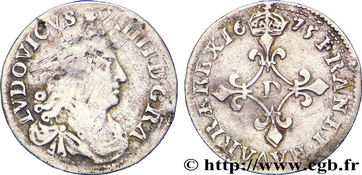 LOUIS XIV LE GRAND OU LE ROI SOLEIL Quatre sols à la croix formée de lis 1675 Vimy-en-Lyonnais (actuellement Neuville-sur-Saône) TB