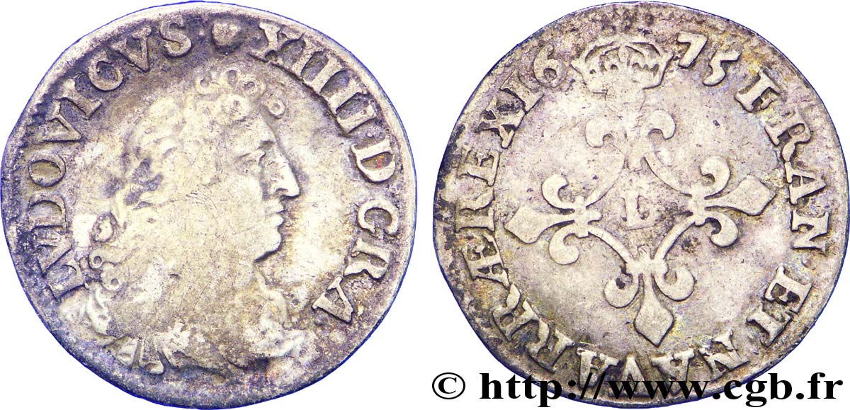 LOUIS XIV LE GRAND OU LE ROI SOLEIL Quatre sols à la croix formée de lis 1675 Vimy-en-Lyonnais (actuellement Neuville-sur-Saône) TB