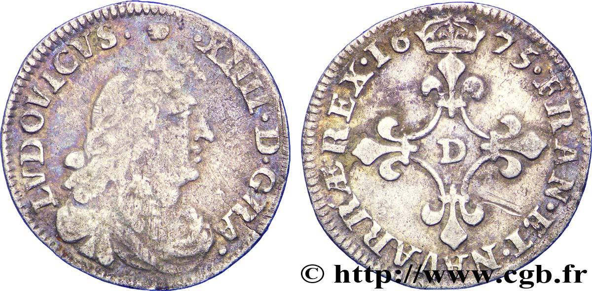 LOUIS XIV LE GRAND OU LE ROI SOLEIL Quatre sols à la croix formée de lis 1675 Vimy-en-Lyonnais (actuellement Neuville-sur-Saône) TB+