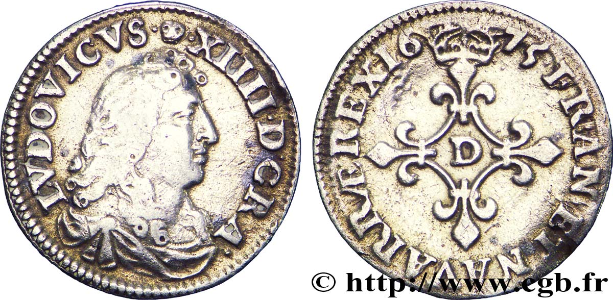 LOUIS XIV LE GRAND OU LE ROI SOLEIL Quatre sols à la croix formée de lis 1675 Vimy-en-Lyonnais (actuellement Neuville-sur-Saône) TB+