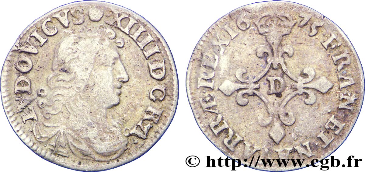 LOUIS XIV LE GRAND OU LE ROI SOLEIL Quatre sols à la croix formée de lis 1675 Vimy-en-Lyonnais (actuellement Neuville-sur-Saône) TB+