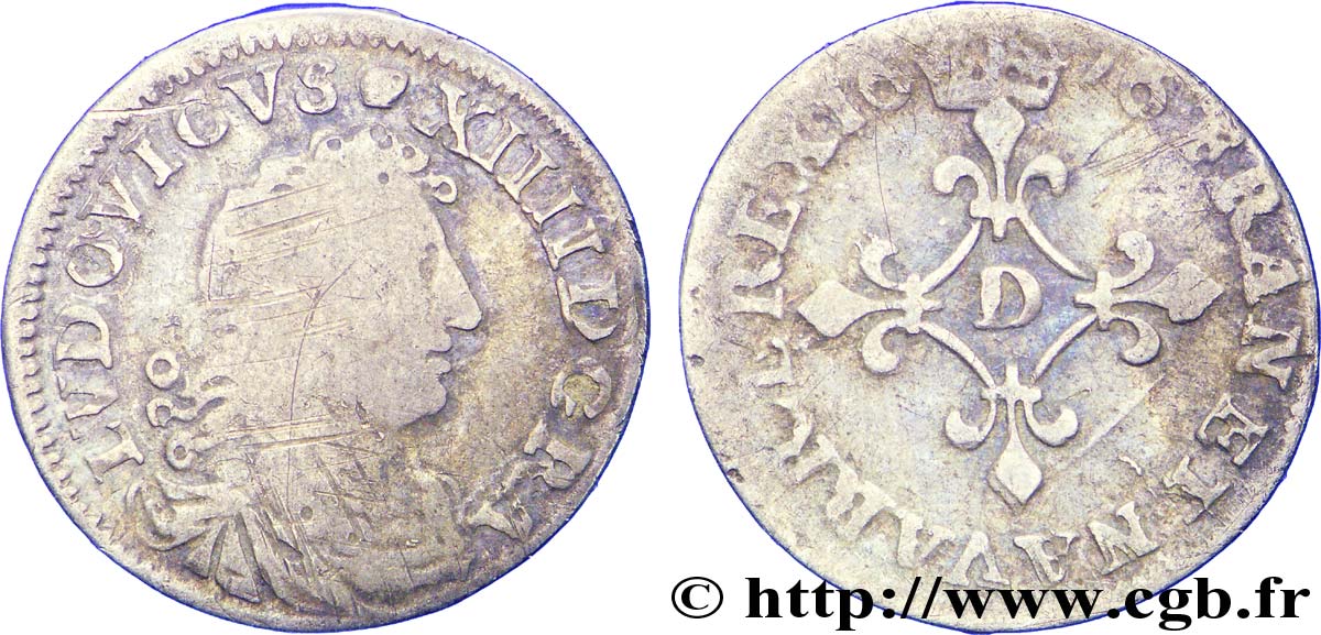 LOUIS XIV  THE SUN KING  Quatre sols à la croix formée de lis 1676 Vimy-en-Lyonnais (actuellement Neuville-sur-Saône) RC