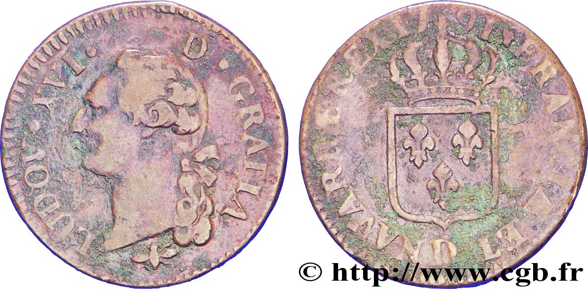 LOUIS XVI (MONARQUE CONSTITUTIONNEL)  Sol dit  à l écu  1791 Lyon TB+